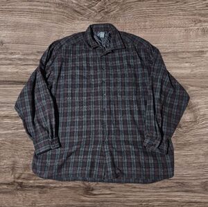 90s VAN HEUSEN Wool Flannel Shirt Vintage Dark Gray Balck Red Mens XL (54) Plaid
